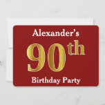 Invitación Red, Faux Gold 90th Birthday Party   Custom Name<br><div class="desc">Este diseño de invitación presenta el número ordinal "90" con un aspecto falso dorado. También cuenta con un nombre personalizado y un fondo rojo. Los detalles del evento en la parte posterior se pueden personalizar. Se podría usar para invitar a la gente a la fiesta de cumpleaños número noventa de...</div>