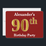 Invitación Red, Faux Gold 90th Birthday Party   Custom Name<br><div class="desc">Este diseño de invitación presenta el número ordinal "90" con un aspecto falso dorado. También cuenta con un nombre personalizado y un fondo rojo. Los detalles del evento en la parte posterior se pueden personalizar. Se podría usar para invitar a la gente a la fiesta de cumpleaños número noventa de...</div>