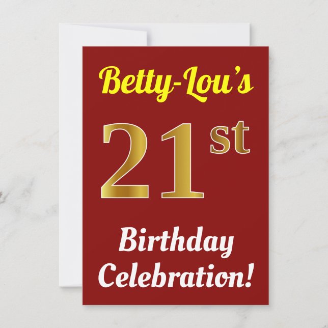 Invitación Red, Faux Gold Celebración de cumpleaños 21 + Nomb (Anverso)