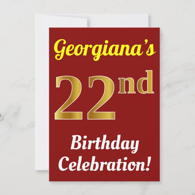 Invitación Red, Faux Gold Celebración de cumpleaños 22 + Nomb (Anverso)