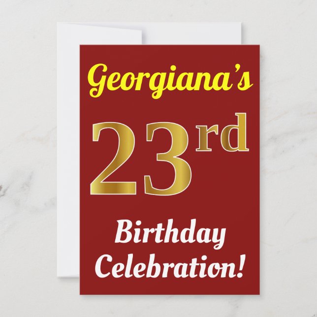 Invitación Red, Faux Gold Celebración de cumpleaños 23 + nomb (Anverso)