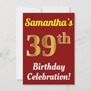 Invitación Red, Faux Gold Celebración de cumpleaños 39 + Nomb