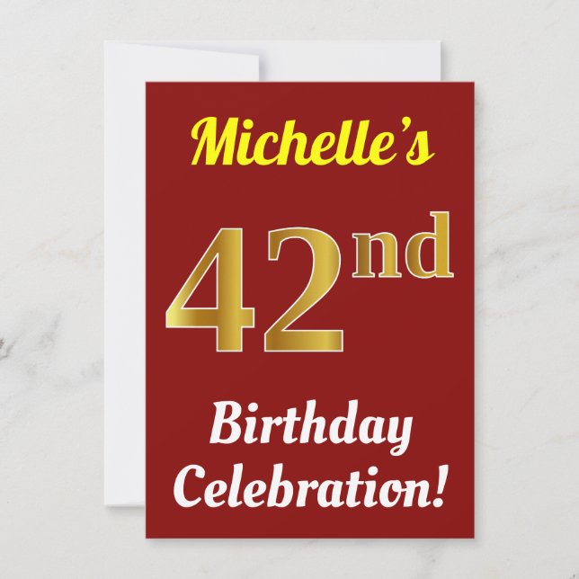 Invitación Red, Faux Gold Celebración de cumpleaños 42 + Nomb (Anverso)