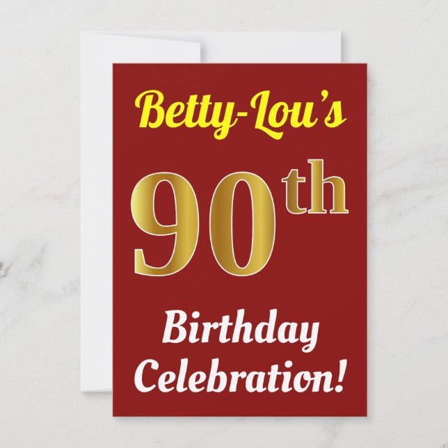 Invitación Red, Faux Gold Celebración de cumpleaños 90 + Nomb (Anverso)