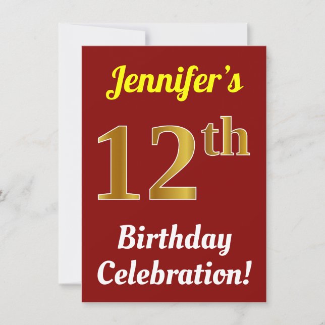 Invitación Red, Faux Gold Celebración del 12 cumpleaños + nom (Anverso)