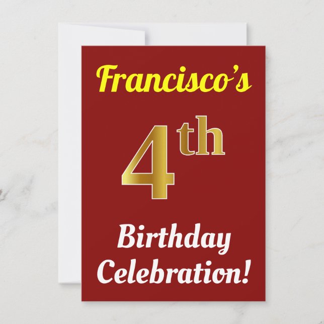 Invitación Red, Faux Gold Celebración del Cuarto Cumpleaños + (Anverso)