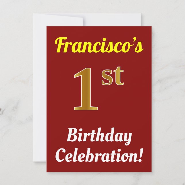 Invitación Red, Faux Gold Celebración del primer cumpleaños + (Anverso)