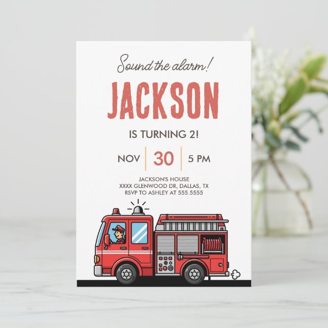 Invitación Red Fire Truck Party Décor | Custom Kids Birthday (Anverso de pie)