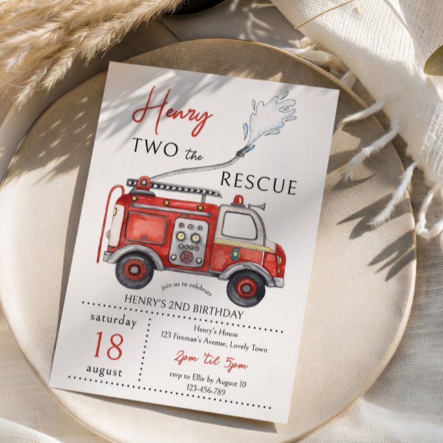 Invitación Red Fire Truck Two The Rescue 2nd Birthday (2nd Birthday Red Fire Truck Invitation for your little hero "Two the Rescue")