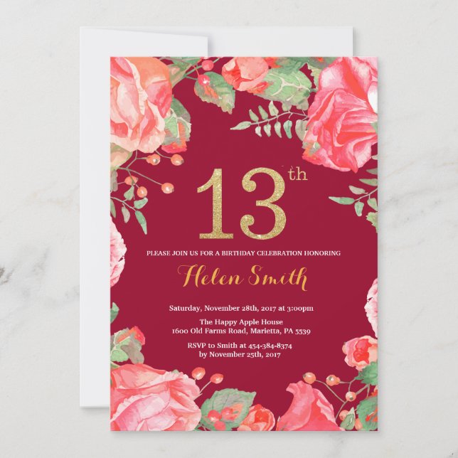 Invitación Red Floral 13.º cumpleaños Purpurina de oro Borgoñ (Anverso)