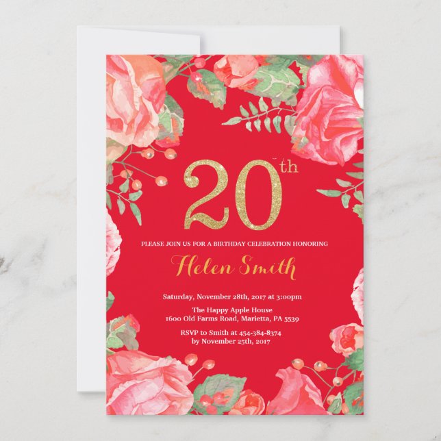 Invitación Red Floral 20 cumpleaños Purpurina de oro y rojo (Anverso)