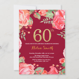 Invitación Red Floral 60th Birthday Gold Purpurina Borgoña Re