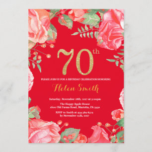 Invitación Red Floral 70th Birthday Gold Purpurina y Red