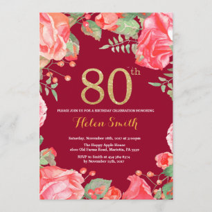 Invitación Red Floral 80th Birthday Gold Purpurina Borgoña Re