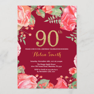 Invitación Red Floral 90 cumpleaños Purpurina de oro Borgoña 