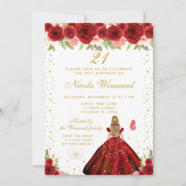 Invitación Red Floral Blonde Hair Princess Birthday Party