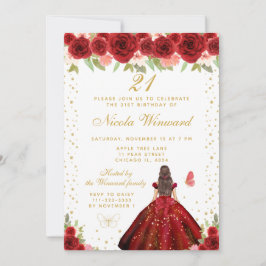 Invitación Red Floral Brunette Hair Princess Birthday Party