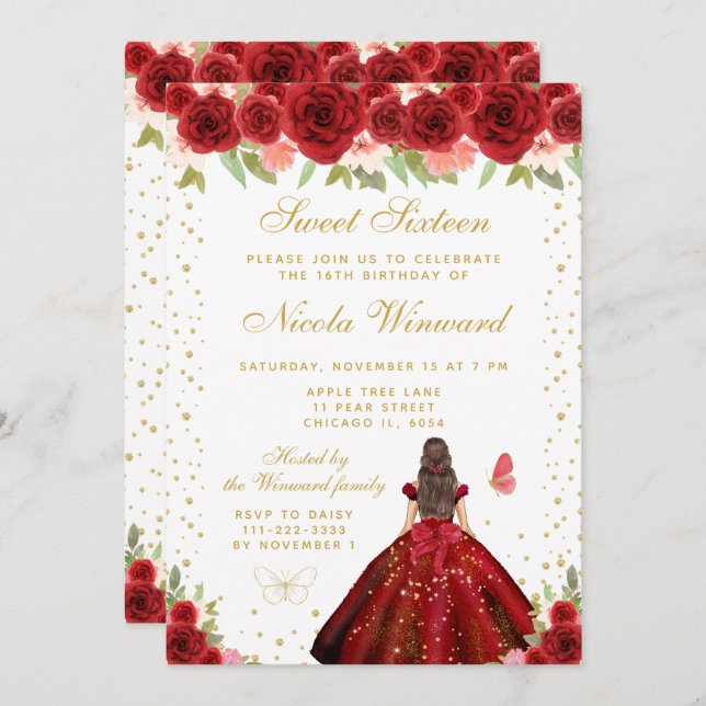 Invitación Red Floral Brunette Hair Princess Sweet Sixteen (Anverso / Reverso)