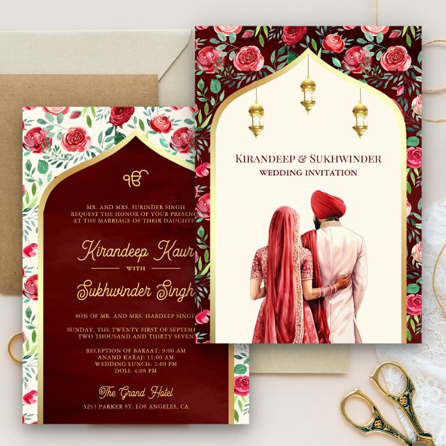 Invitación Red Floral Cream Gold Anand Karaj Sikh Boda (Subido por el creador)