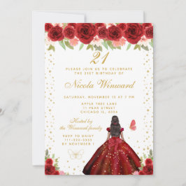 Invitación Red Floral Dark Skin Princess Birthday Party