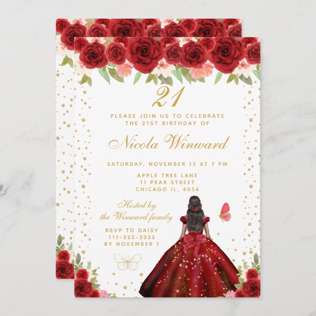 Invitación Red Floral Dark Skin Princess Birthday Party (Anverso / Reverso)