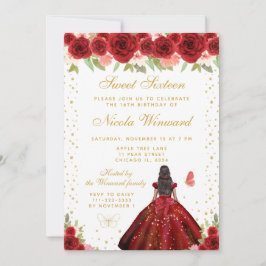Invitación Red Floral Dark Skin Princess Sweet Sixteen