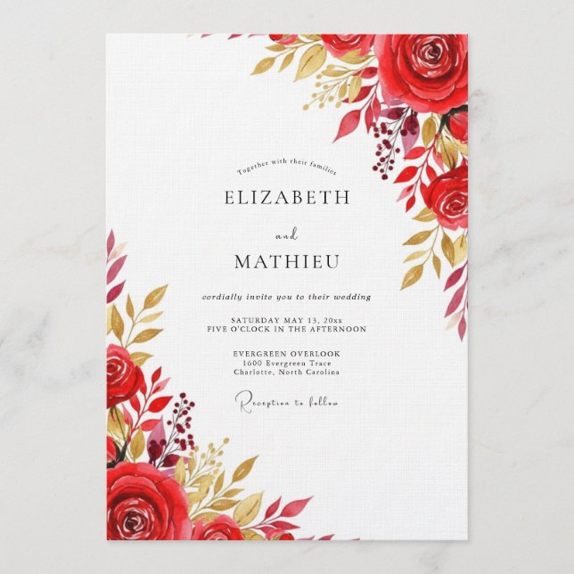 Invitación Red Floral Flourish Wedding (Anverso)
