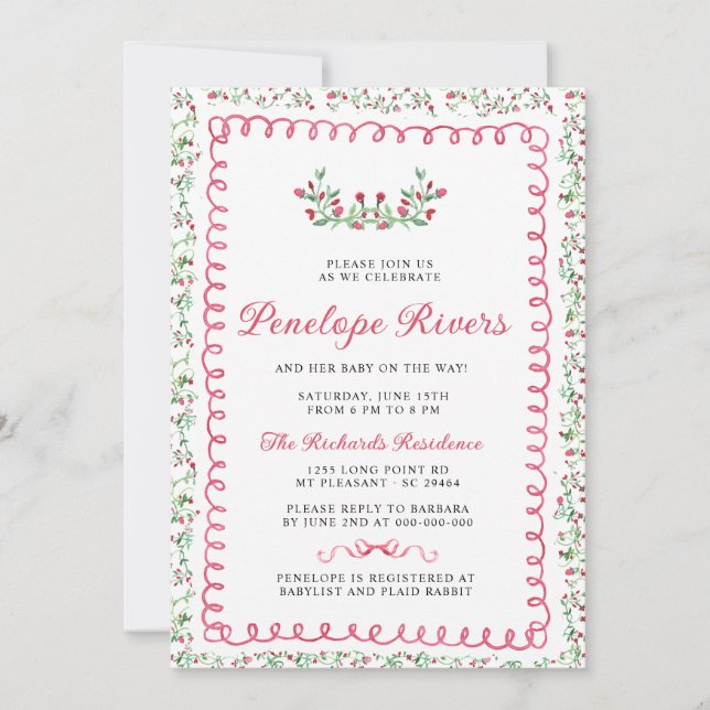 Invitación Red Floral Garden Baby Shower Grandmillennial (Anverso)