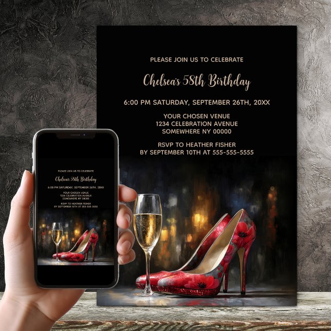 Invitación Red Floral High Heel Shoes Birthday Party (Subido por el creador)