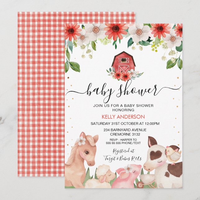 Invitación Red Floral Plaid Farm Animals Baby Shower (Anverso / Reverso)