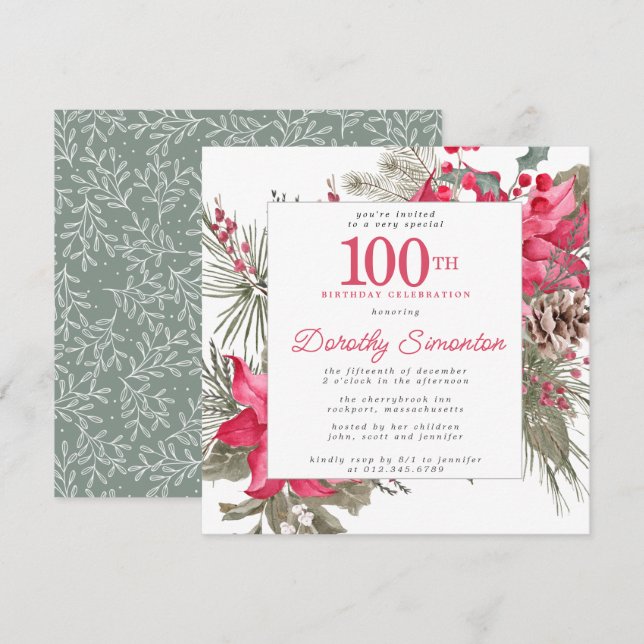 Invitación Red Floral Poinsettia 100.ª Plaza de la Fiesta de  (Anverso / Reverso)