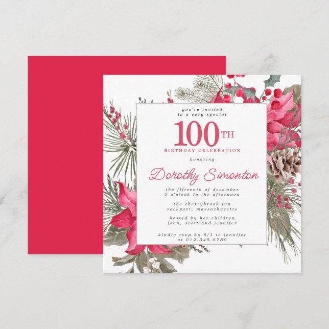 Invitación Red Floral Poinsettia 100.ª Plaza de la Fiesta de  (Anverso / Reverso)