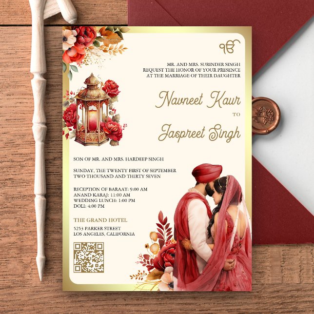 Invitación Red Floral QR Code Anand Karaj Sikh Boda (Subido por el creador)
