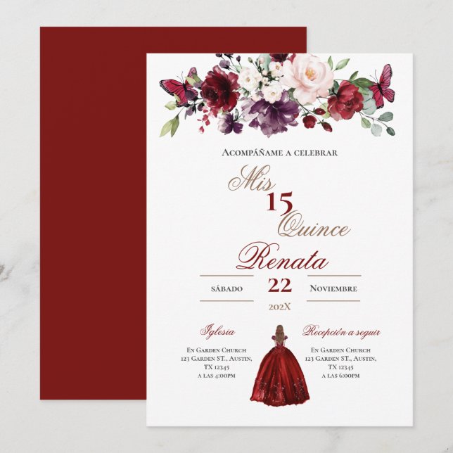 Invitación Red Floral Quinceañera Invitation Spanish  (Anverso / Reverso)