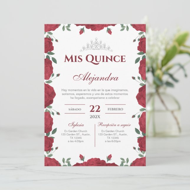 Invitación Red Floral Quinceañera Spanish  (Anverso de pie)