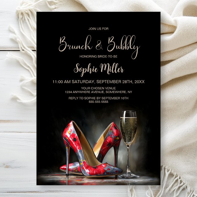 Invitación Red Floral Stiletto Shoes Brunch and Bubbly (Subido por el creador)