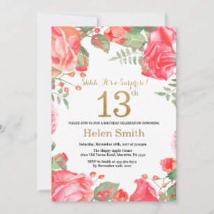 Invitación Red Floral Surprise 13th Birthday Gold Purpurina