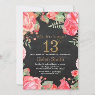 Invitación Red Floral Surprise 13th Birthday Gold Purpurina