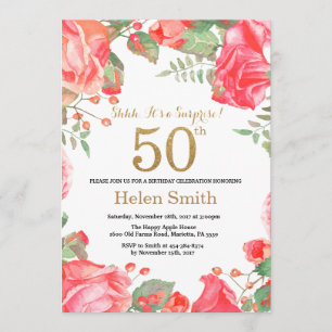 Invitación Red Floral Surprise 50th Birthday Gold Purpurina