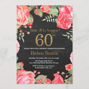 Invitación Red Floral Surprise 60th Birthday Gold Purpurina