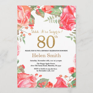 Invitación Red Floral Surprise 80th Birthday Gold Purpurina