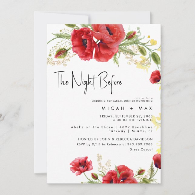 Invitación Red Floral The Night Before Rehearsal Dinner (Anverso)