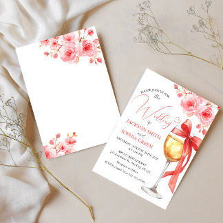 Invitación Red Floral Wine Glass Watercolor Wedding