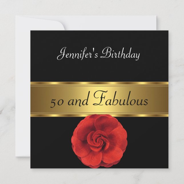 Invitación Red Flower Gold Fabulous 50 (Anverso)