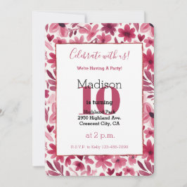 Invitación Red Flowers Hearts Birthday