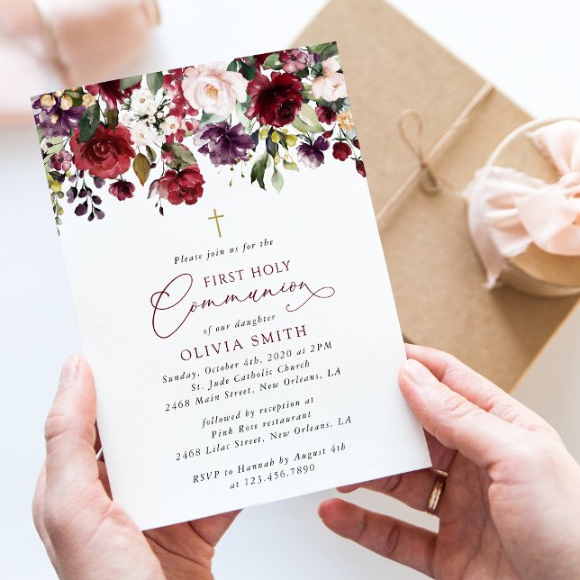 Invitación Red Flowers, Pink Flowers, First Holy Communion (Subido por el creador)