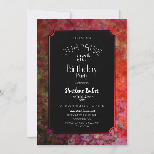 Invitación Red Frame Black Surprise Fiesta de cumpleaños núme (Anverso)