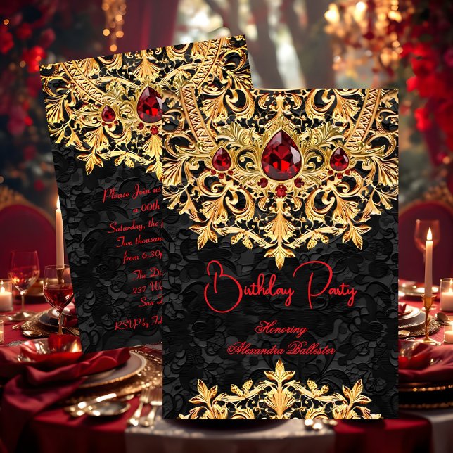 Invitación Red Gems Gold Black Lace Damask Birthday Party (Subido por el creador)
