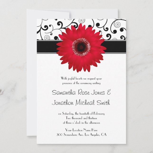 Invitación Red Gerbera Daisy con Boda de diseño de pergamino  (Anverso)