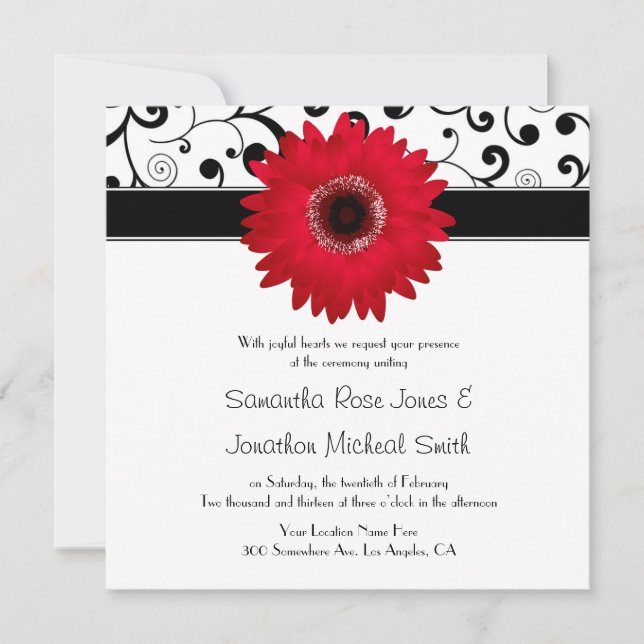 Invitación Red Gerbera Daisy con Boda de diseño de pergamino  (Anverso)